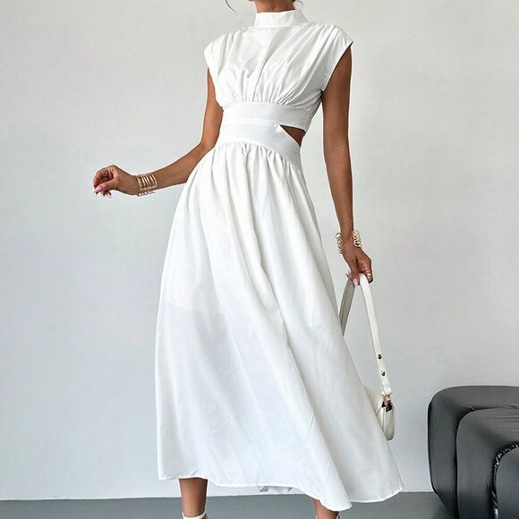 White Elegant Women's Hollow Pocket Cinched Waist Casual Midi Dress - Picture 5 of 7